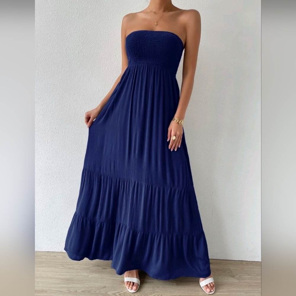 New Chic Smocked Tube Top Tiered Maxi Dress Ruffle Long Dark Blue - Picture 2 of 8